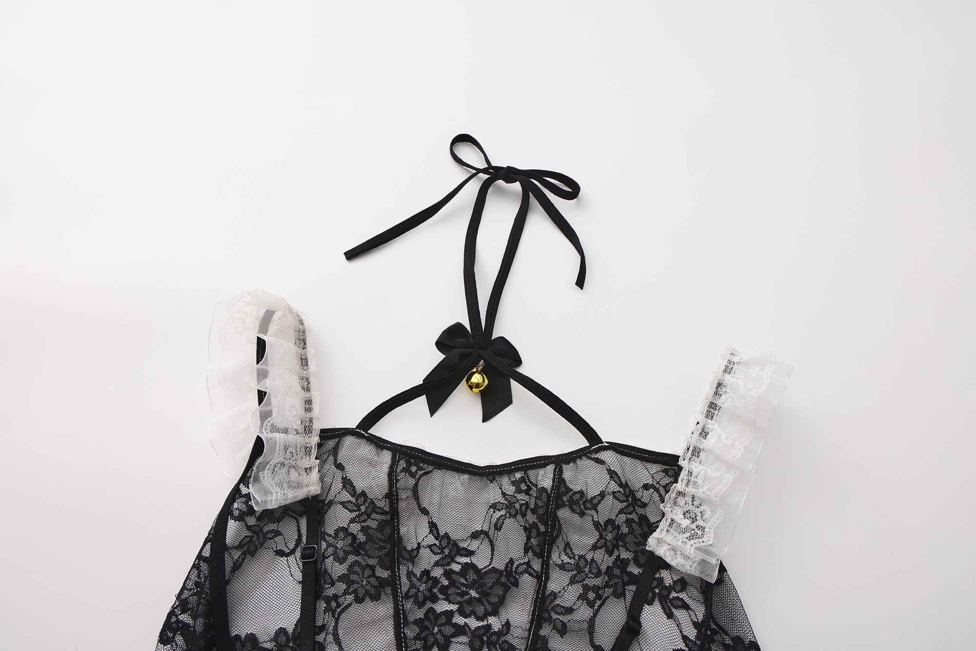 Lace Apron Maid Dress with Sheer Skirt and Detachable Padding