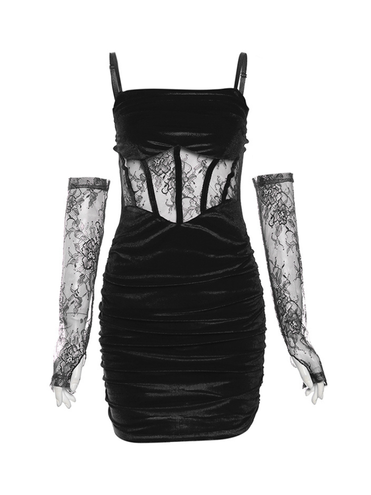 Flat lay of a ruched lace mini dress with sheer paneling and detachable lace gloves.