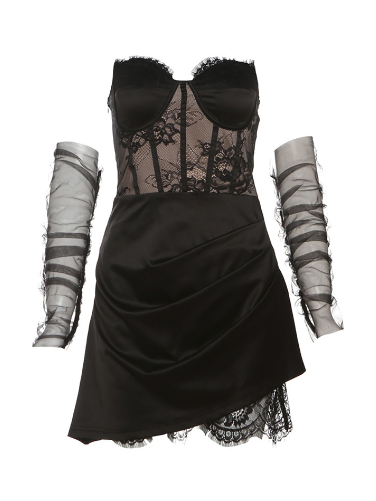 Flat lay of a mini dress featuring a lace corset bodice, asymmetrical hemline, and detachable sheer gloves.