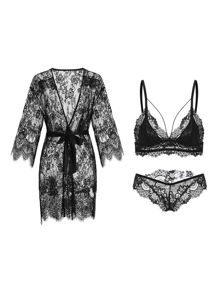 A flat lay view of the black Sheer Lace Robe Set with Satin Details, showing the robe, wireless bra, and matching lace panties together in detail.