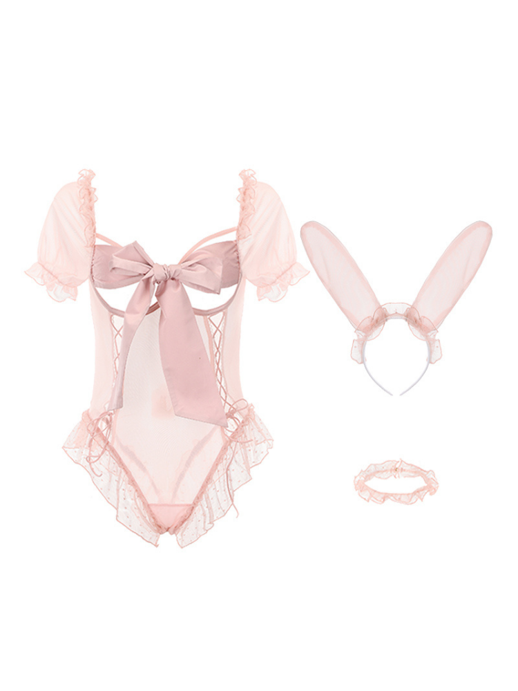 Pink bunny costume set with ears and bow on a white background