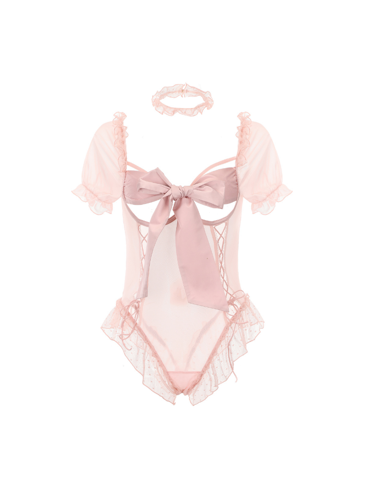Pink swimsuit with sheer wings and a bow on a white background