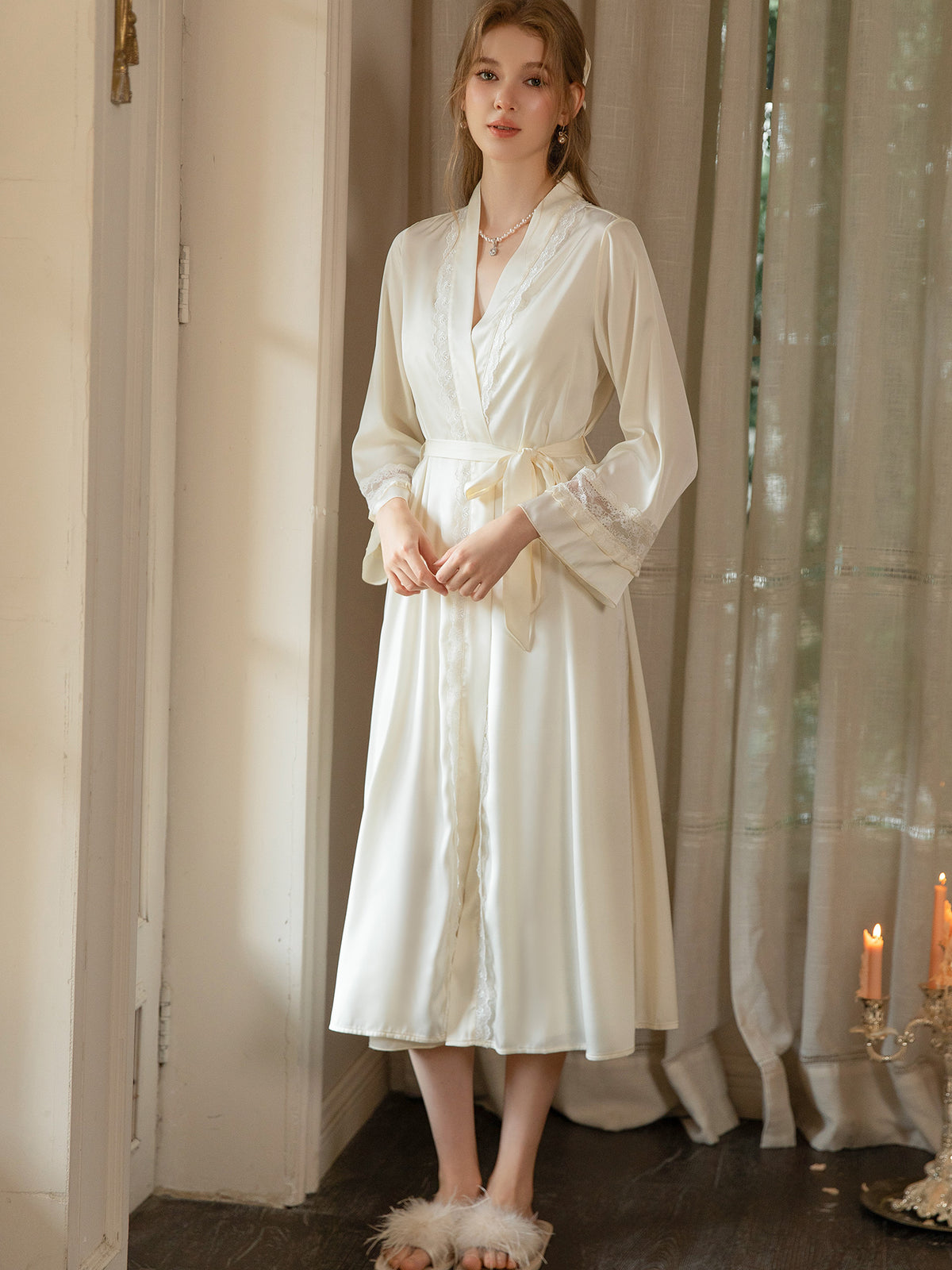 White satin midi robe front view showing wrap opening, lace trim and waist tie