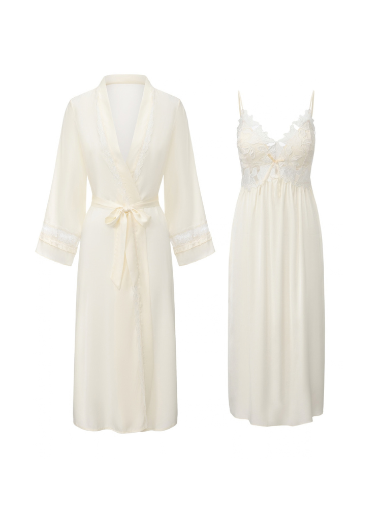 White satin midi dress and robe shown side by side, floral guipure lace bodice and lace trim, garments sold separately