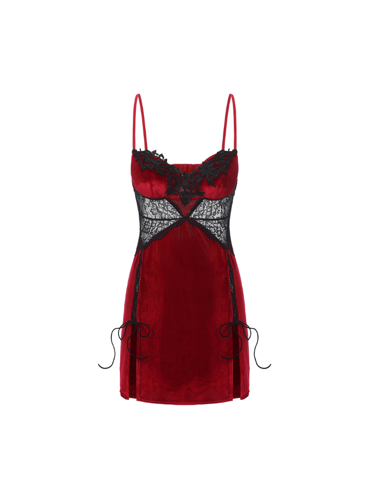 Red velvet mini slip dress flat lay showing scalloped floral lace neckline, sheer waist panels and lace up sides