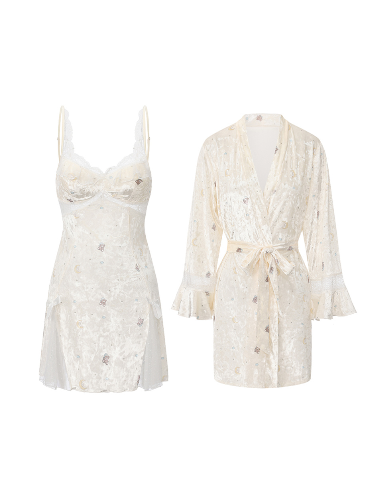 Light Yellow teddy bear and moon print mini slip dress and long sleeve wrap robe flat lay