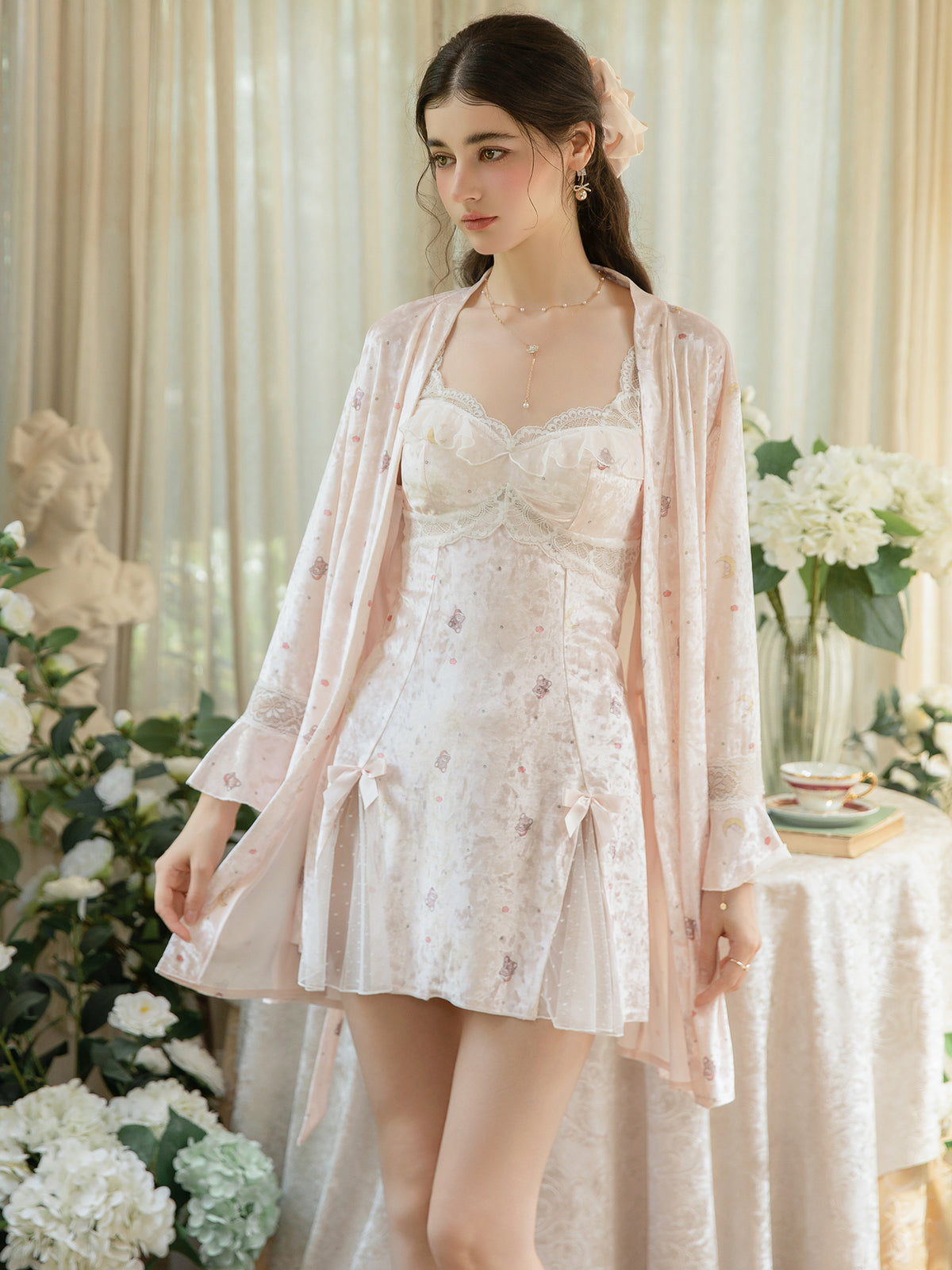 Light Pink flounced cuff robe and lace mini slip dress front detail