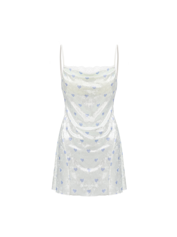Ivory blue heart print mini slip dress flat lay showing lace cowl neckline