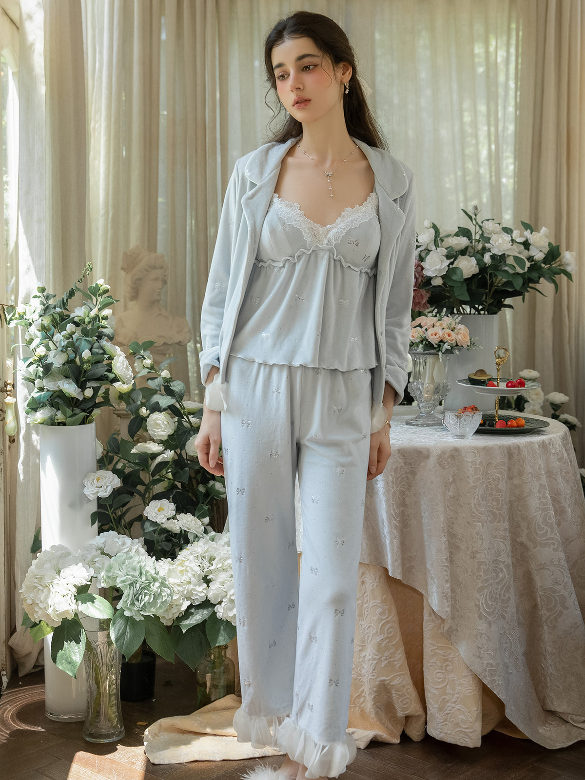 Light Blue ruffle hem sleep jacket and lace camisole front detail