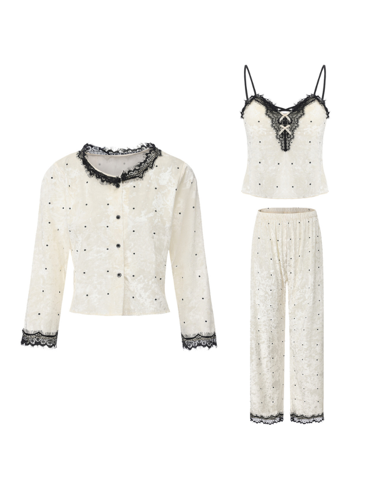 Ivory polka dot camisole cropped pants and button front sleep jacket flat lay showing style options