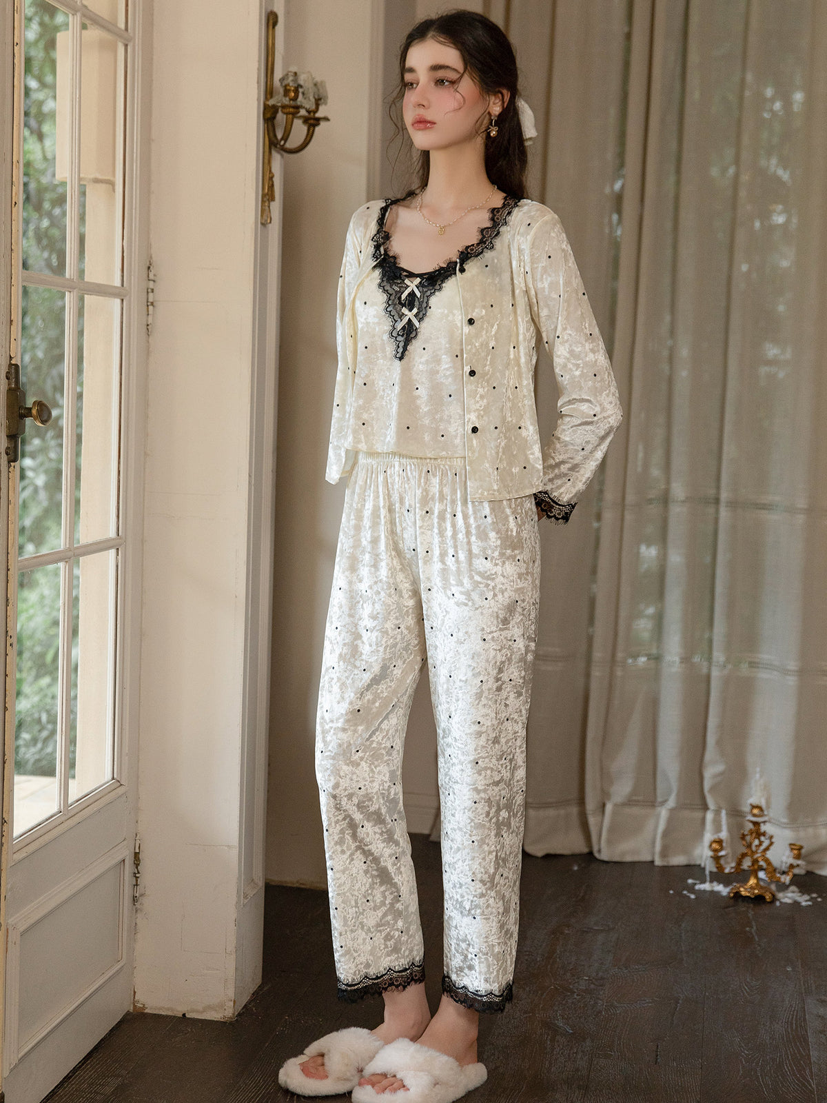 Ivory long sleeve polka dot sleep jacket and eyelash lace cuff pants front view