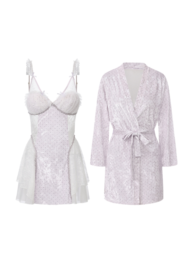 Lavender ruffle strap lace panel mini slip dress and wrap robe flat lay