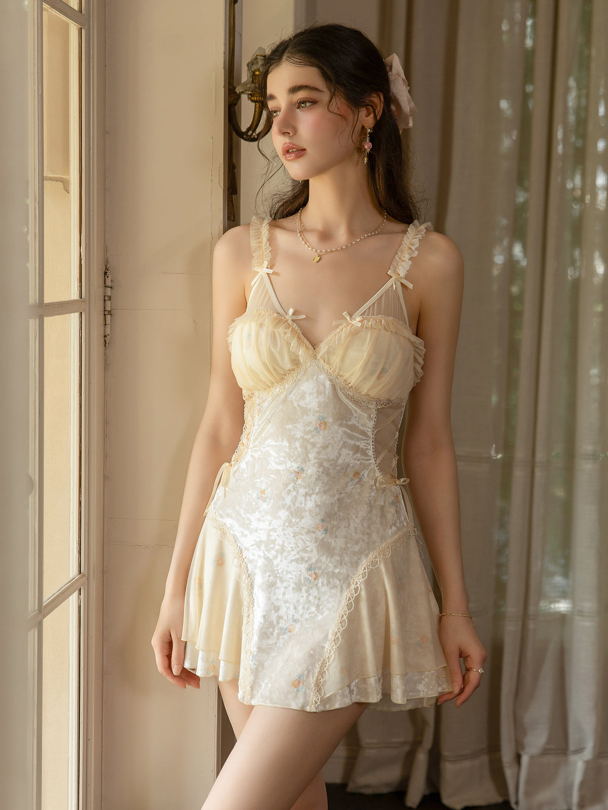 Light Yellow gathered ruffle cup nightdress front view showing sheer skirt panels