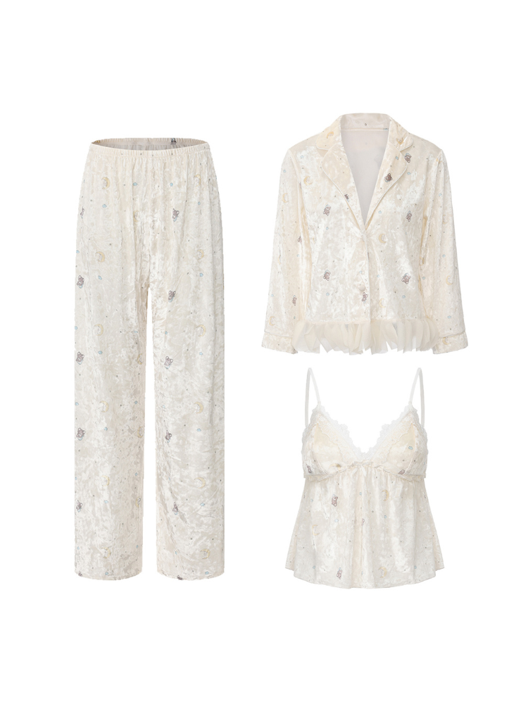 Light Yellow teddy bear moon print camisole pants and sleep jacket three piece flat lay