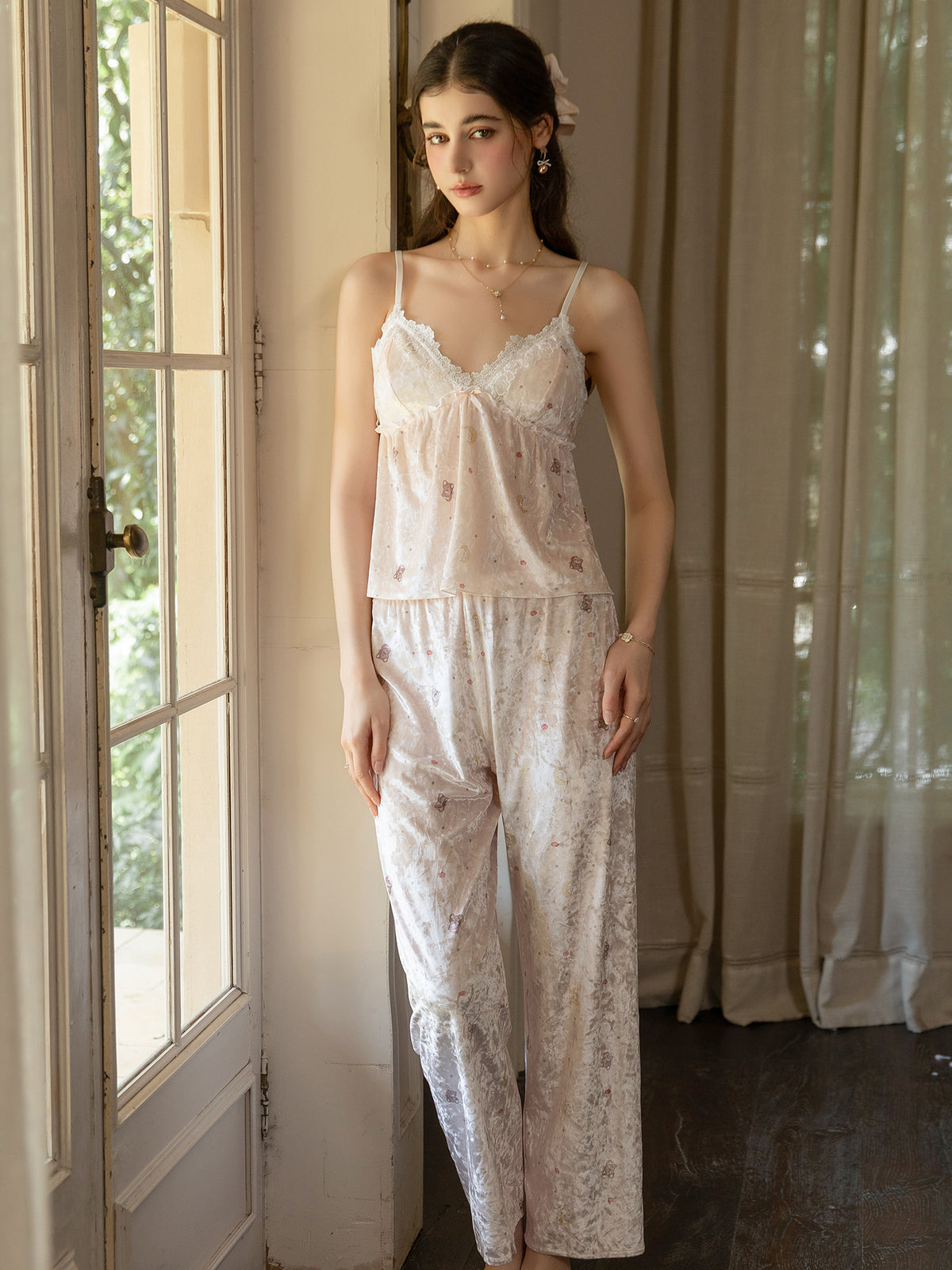 Light Pink moon print lace V neck camisole and pajama pants front detail