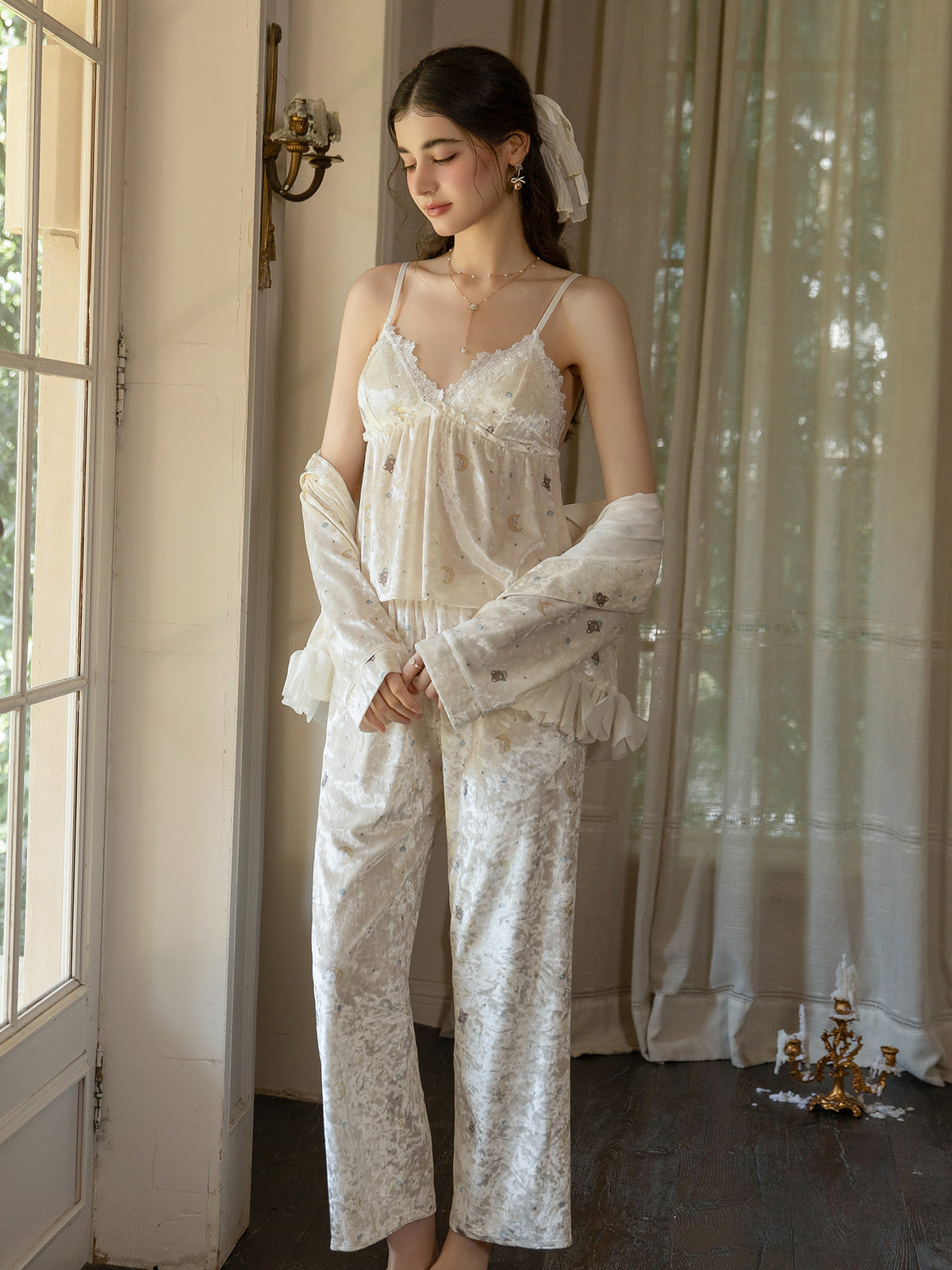 Light Yellow teddy bear ruffle hem sleep jacket worn open over camisole and pants