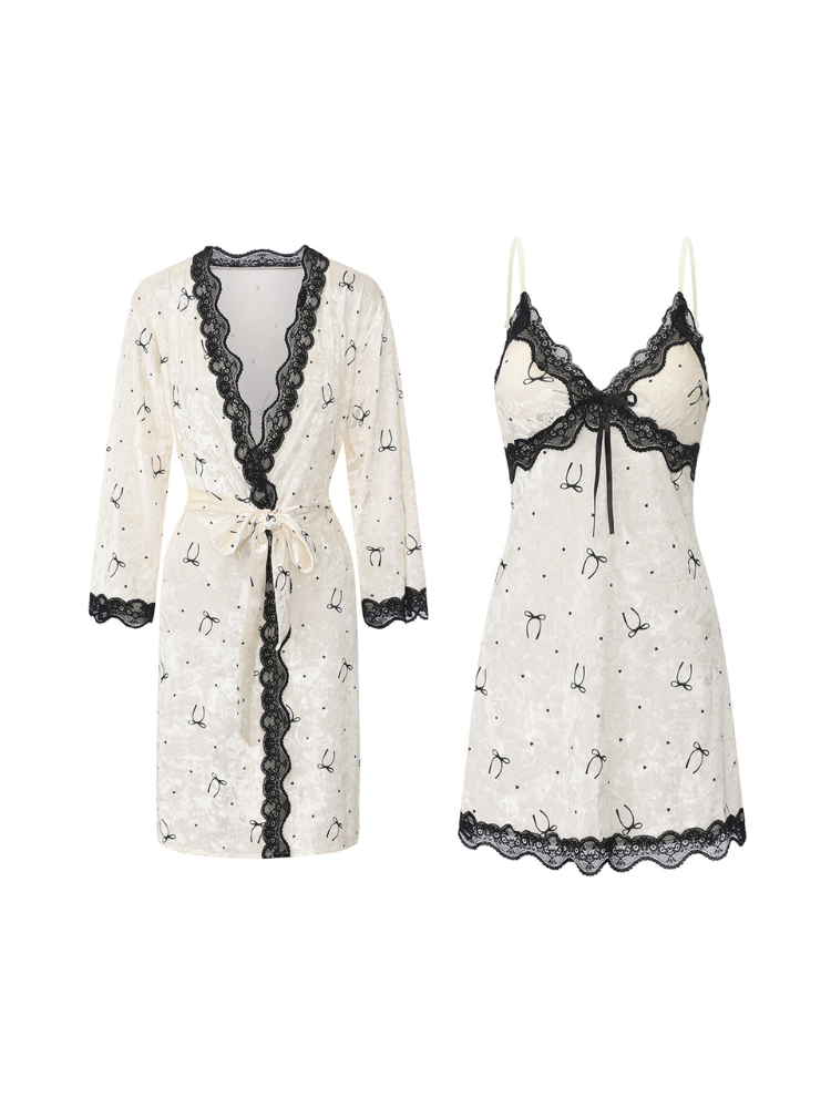 Ivory bow and dot print lace mini slip dress and wrap robe flat lay