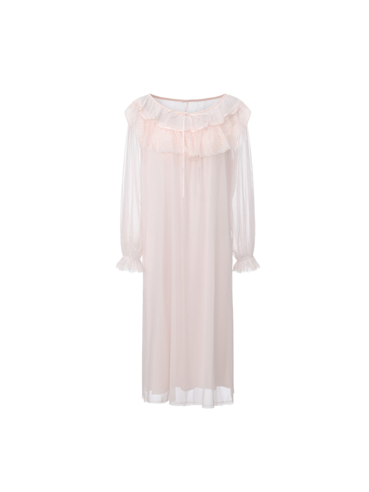 Pink sheer mesh midi nightgown flat lay showing ruffle yoke and long sleeves