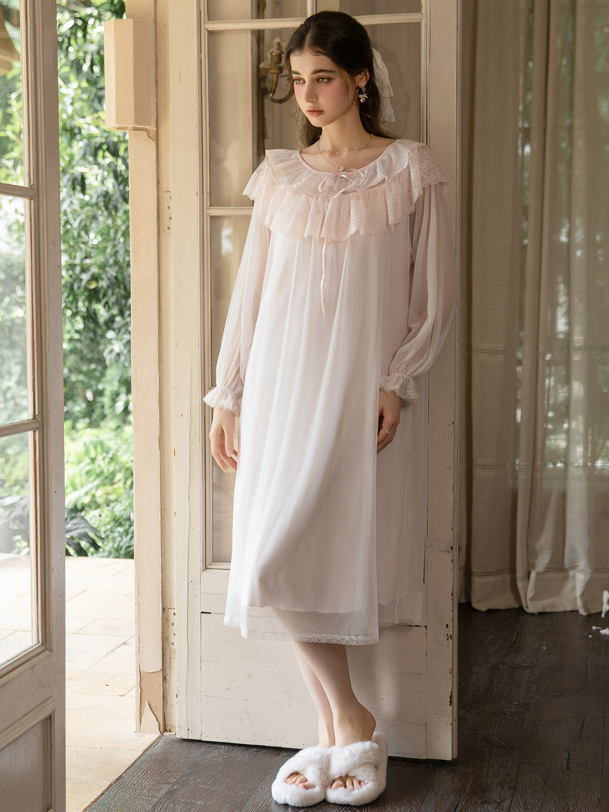 Pink layered mesh ruffle yoke nightgown full front view