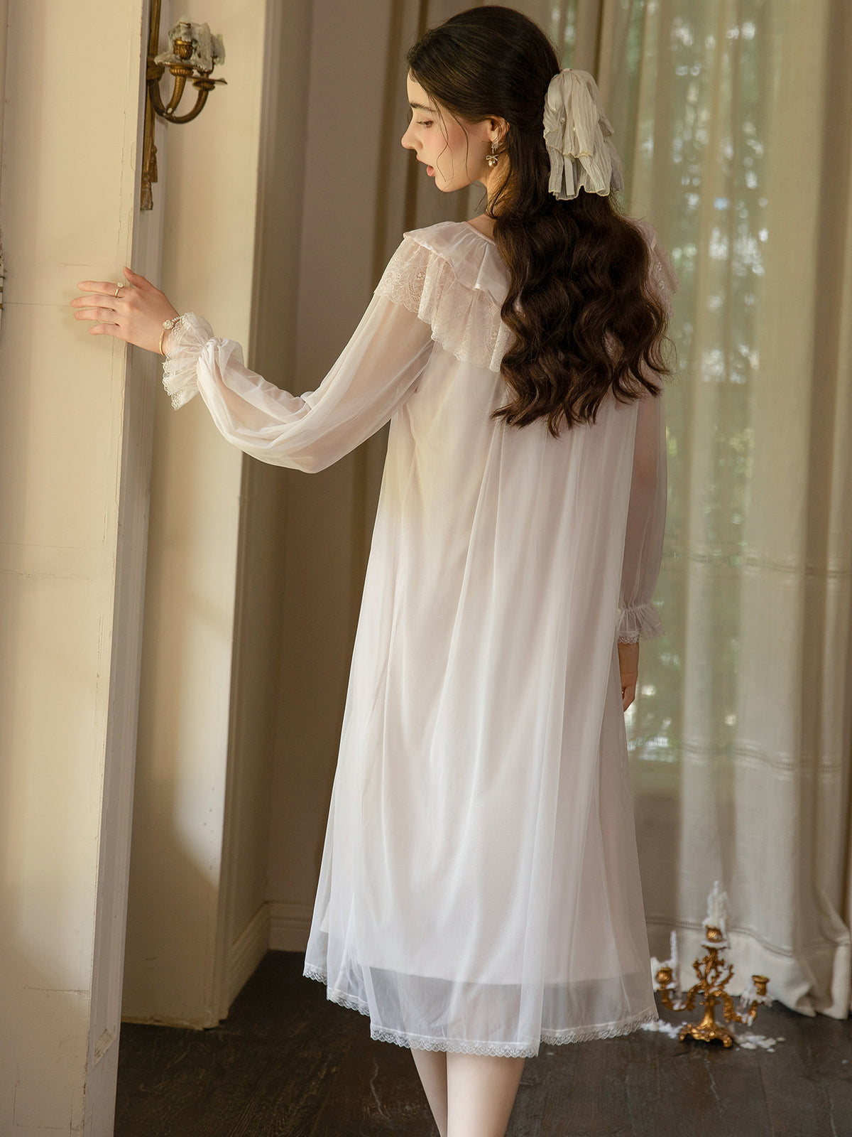 Pink long sleeve mesh nightdress rear view showing flowing midi skirt