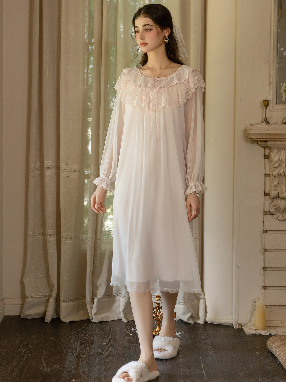 Pink round neck ribbon tie mesh nightgown front view
