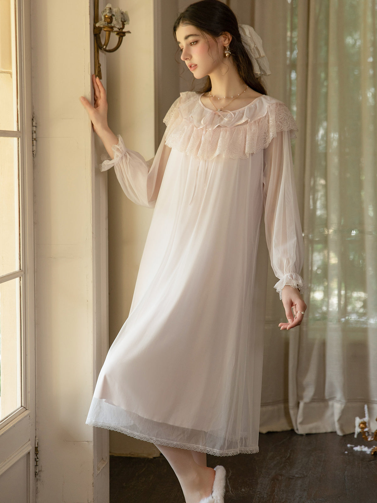 Pink bishop sleeve mesh midi nightdress angled front view