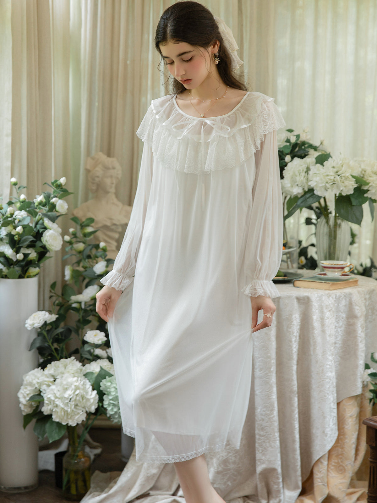 Ivory round neck long sleeve mesh midi nightdress front view