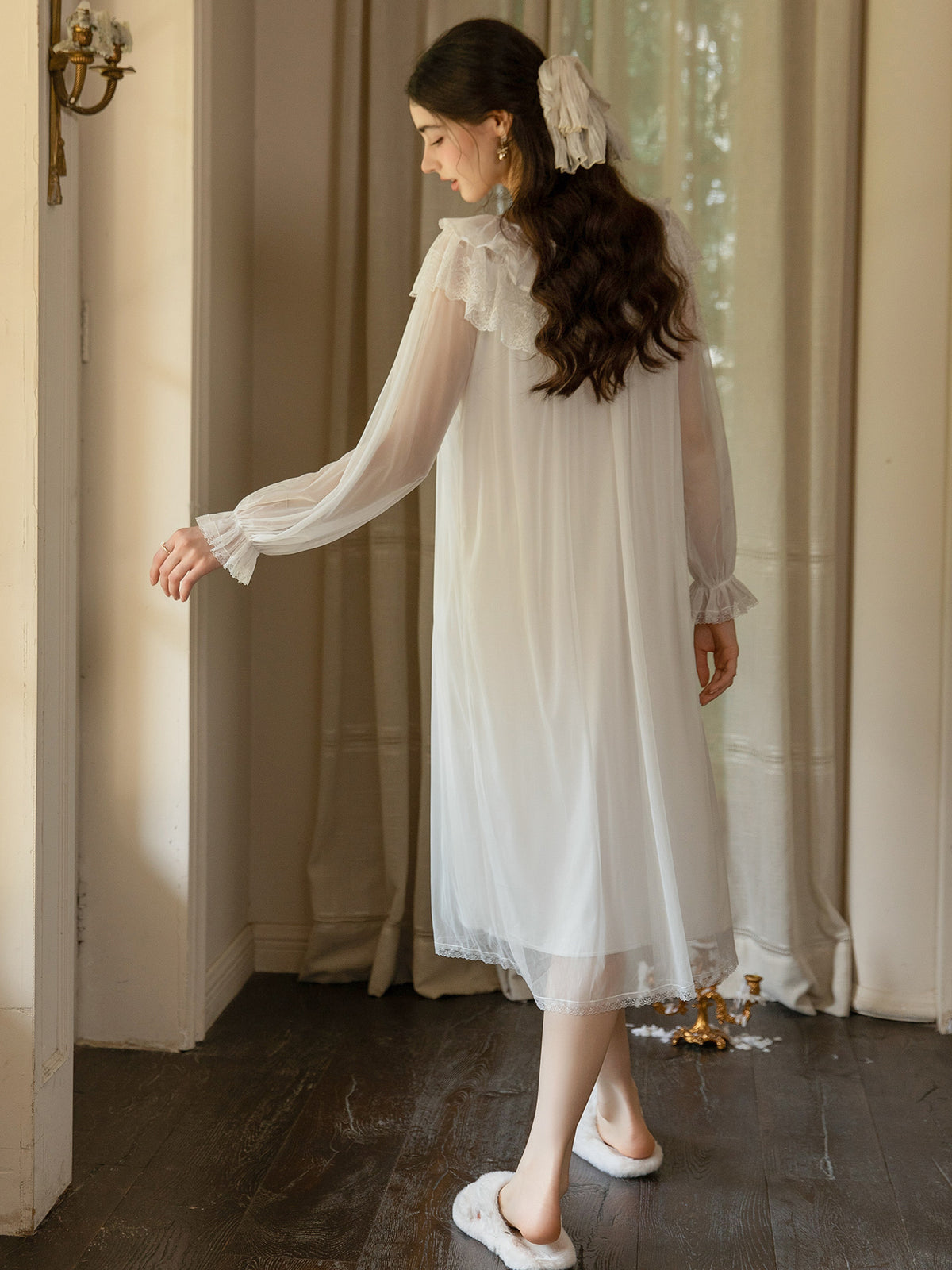 Ivory bishop sleeve mesh nightgown rear view showing lace hem