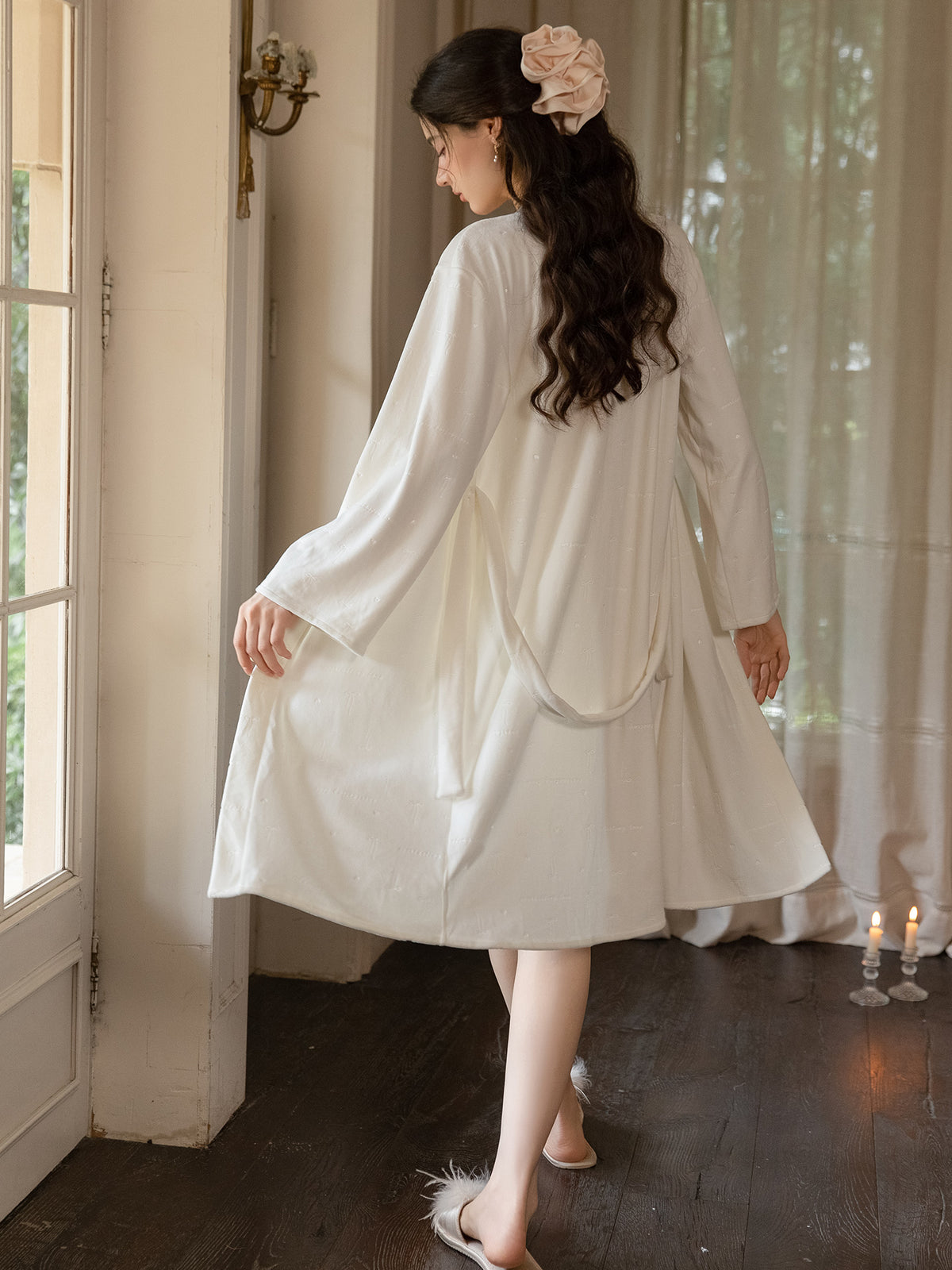 Ivory long sleeve wrap robe rear view showing below knee hem