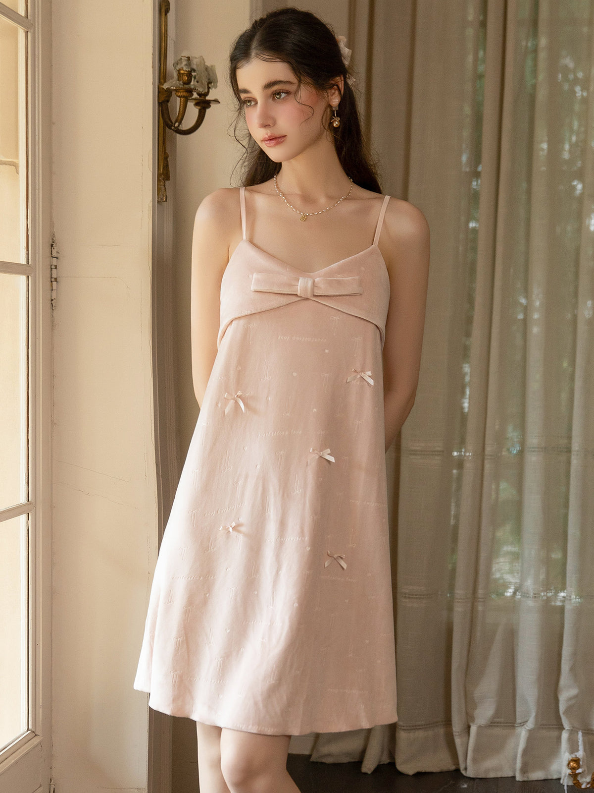 Pink empire seam swing nightdress full front view
