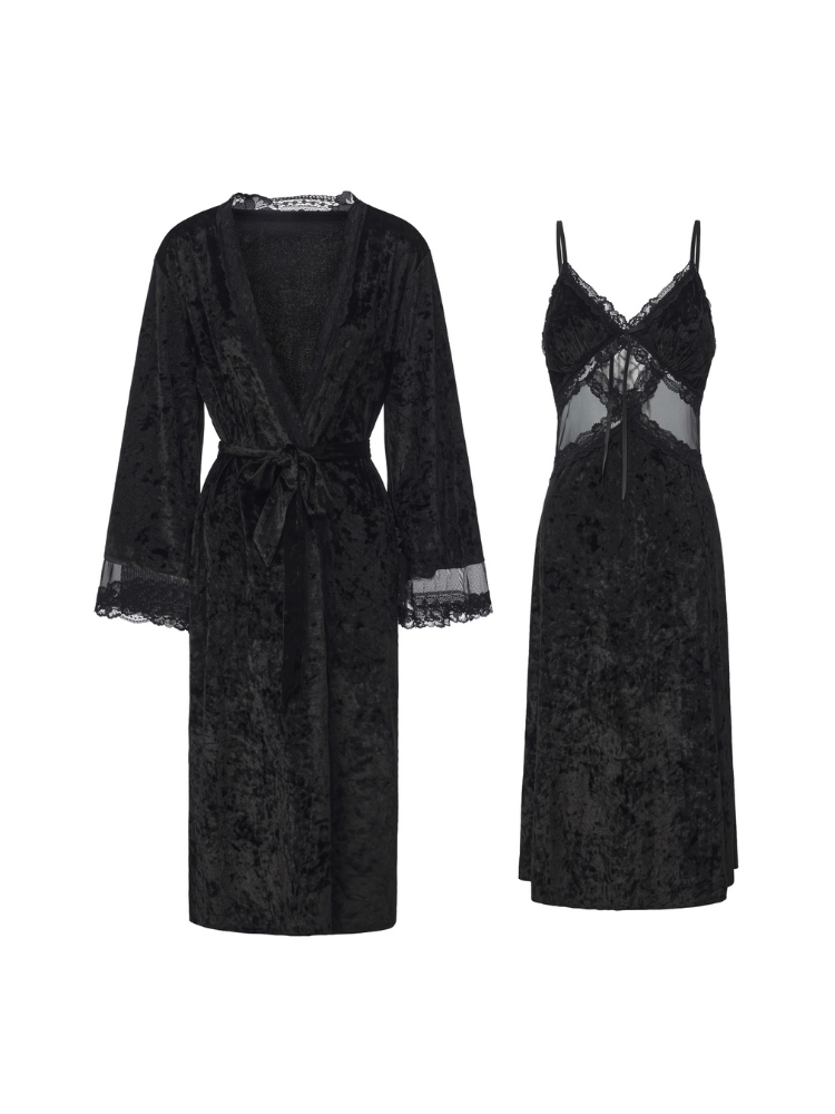 Black crushed velvet sheer waist midi slip dress and lace cuff wrap robe flat lay