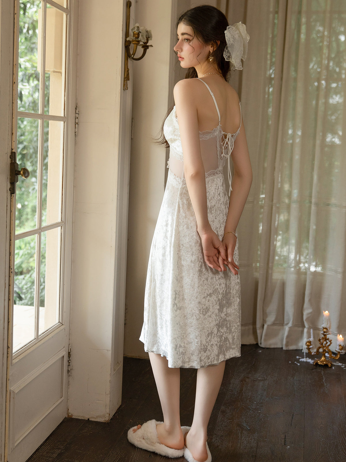 Ivory velvet nightdress rear view showing sheer back panel and crisscross lacing
