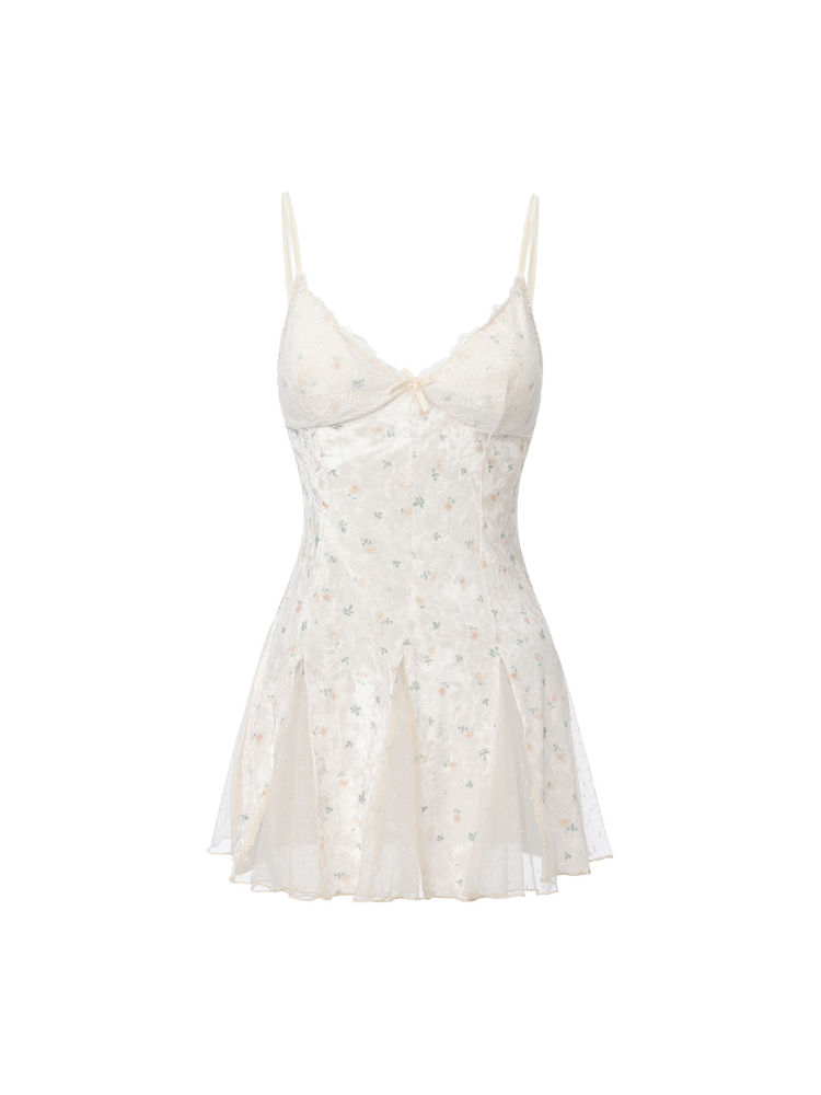 Ivory rose print lace mini slip dress flat lay showing mesh skirt godets