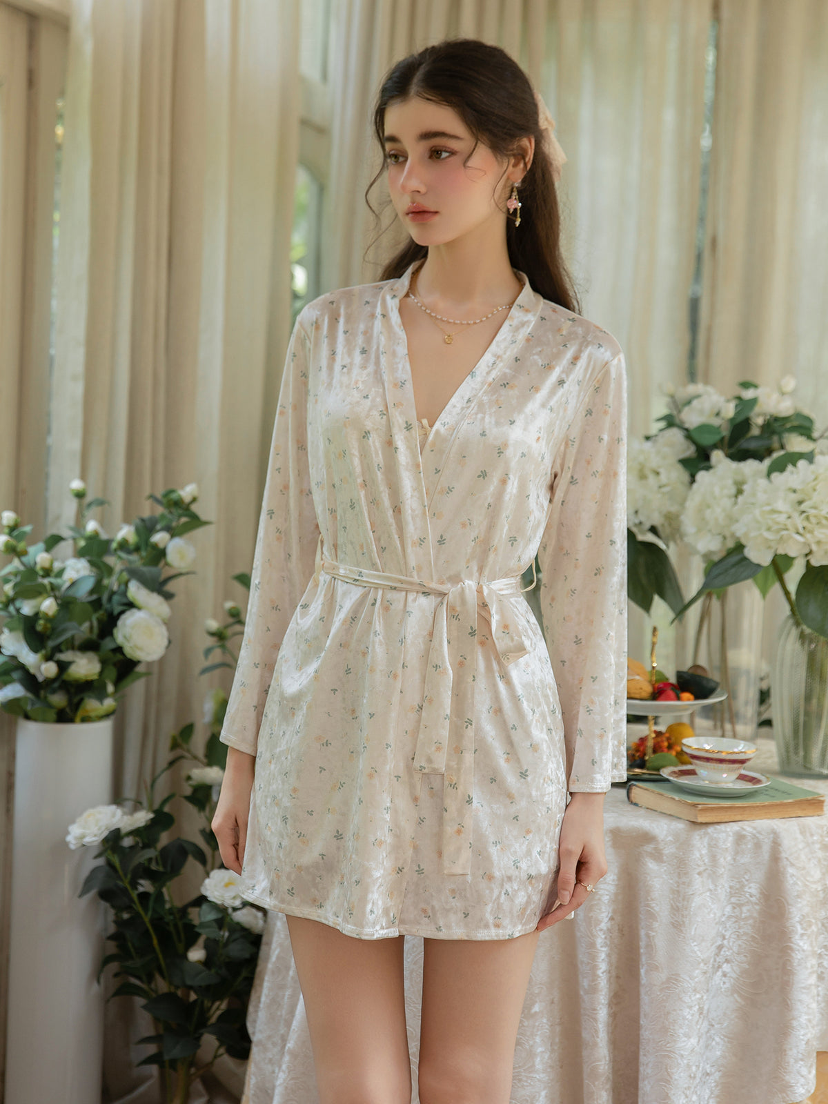 Ivory long sleeve rose print short robe tied at the waist