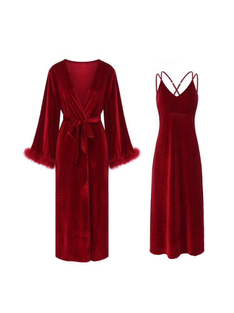 Red velvet cross back midi slip dress and plush cuff wrap robe flat lay