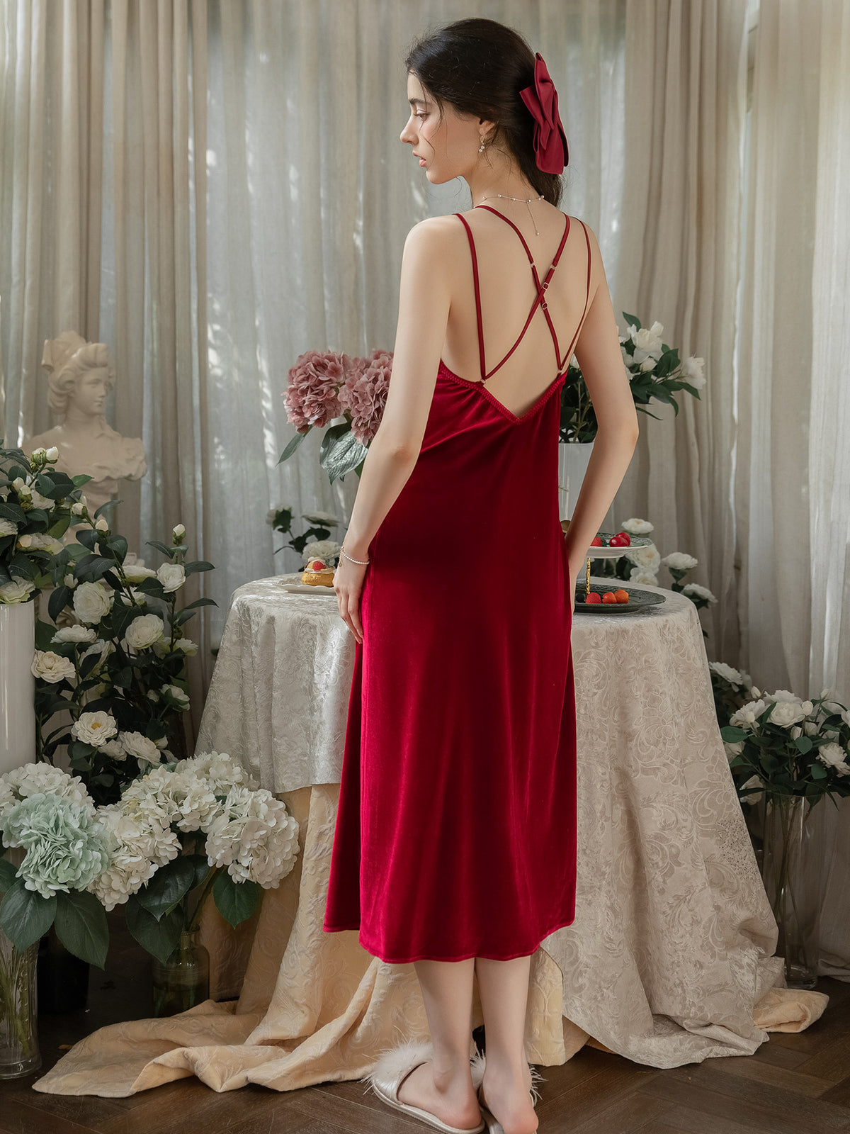 Red velvet nightdress rear view showing crossed double shoulder straps