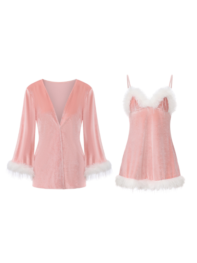 Pink velvet plush trim mini slip dress and short open front robe flat lay