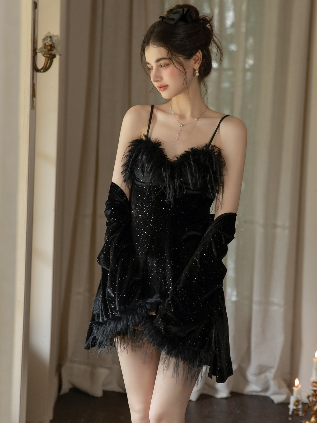 Black plush trim mini slip dress and velvet robe angled front view
