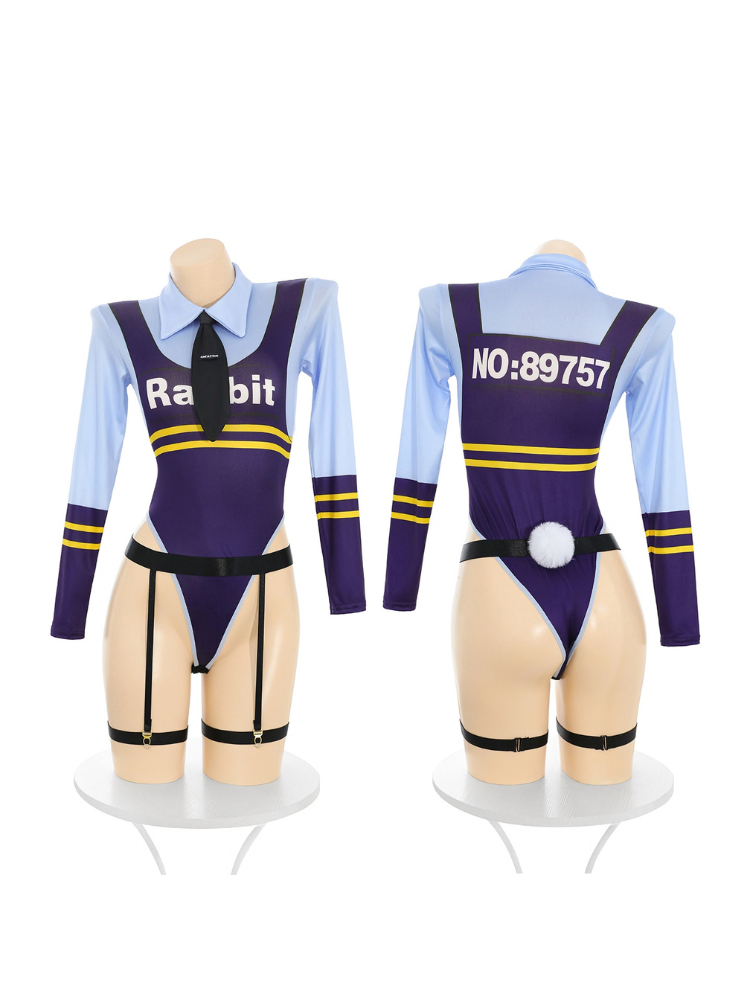 Purple and light blue collared bunny bodysuit costume set front and rear mannequin views