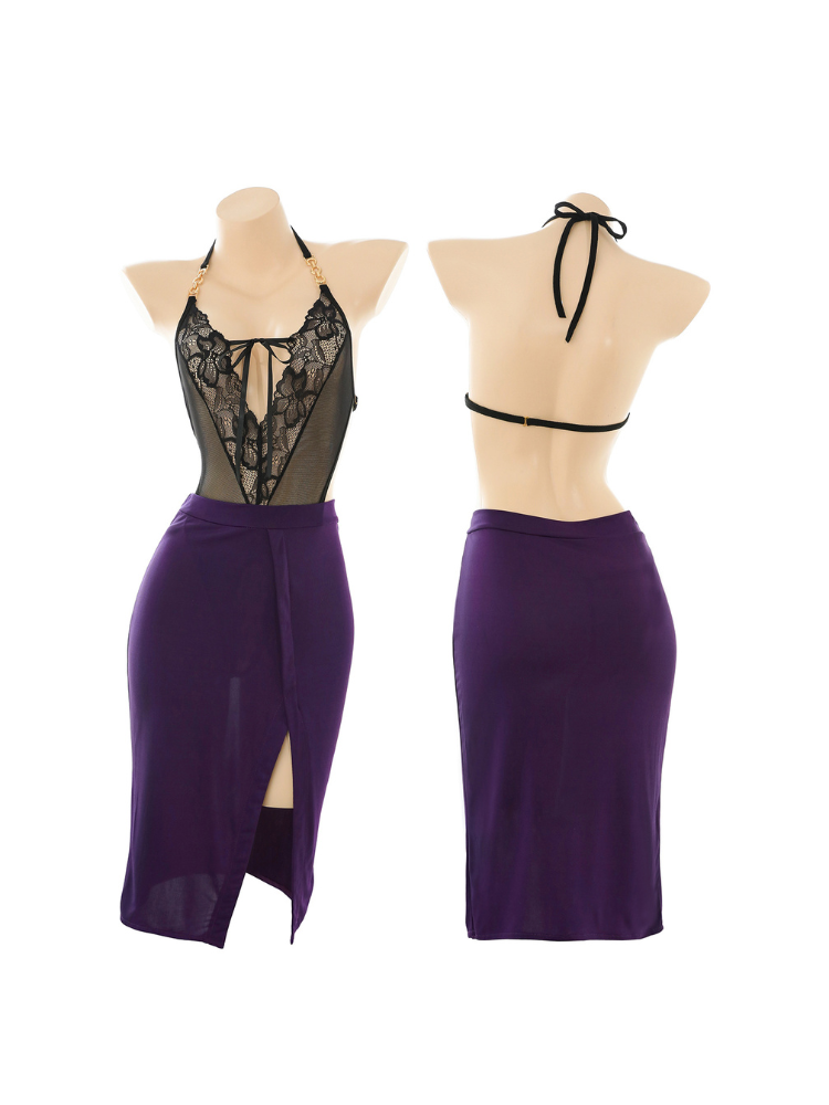 Black floral halter bodysuit and purple high slit skirt lingerie set front and rear mannequin views