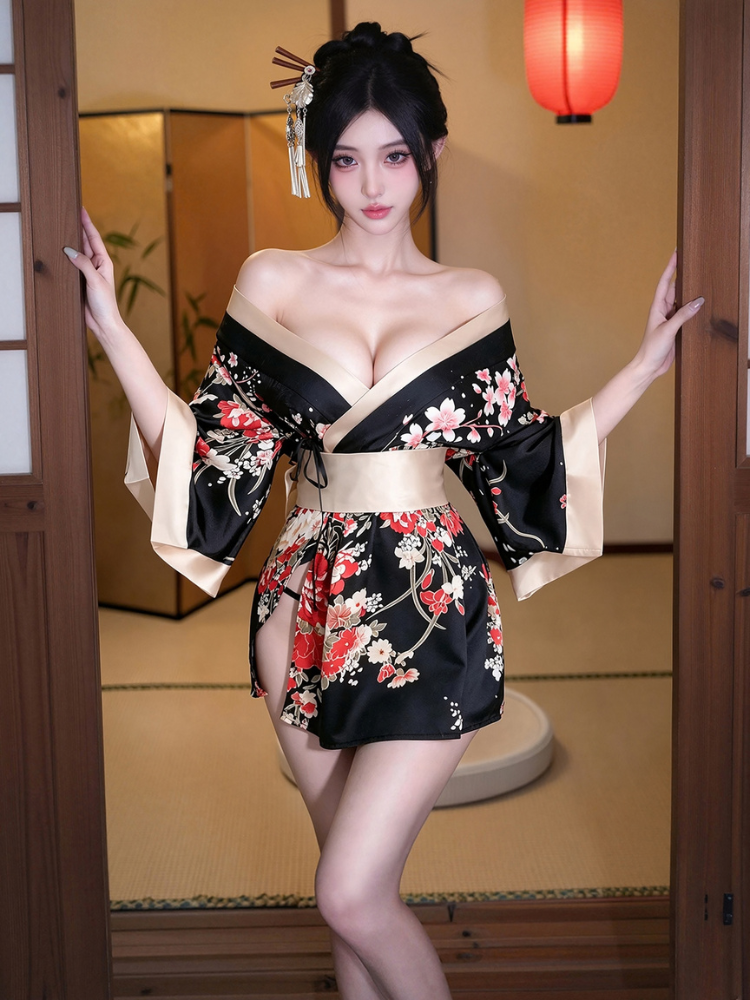 Black floral print contrast trim mini kimono lingerie set standing front view