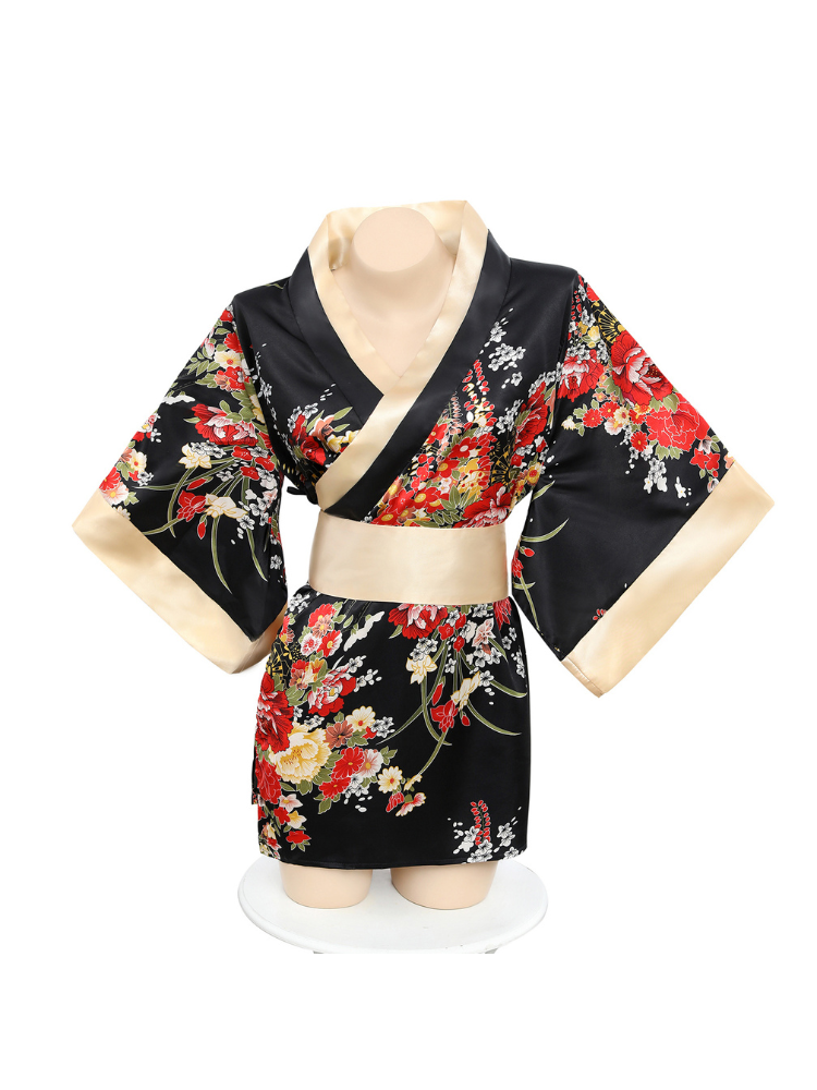 Black floral print contrast trim mini kimono lingerie set mannequin front view