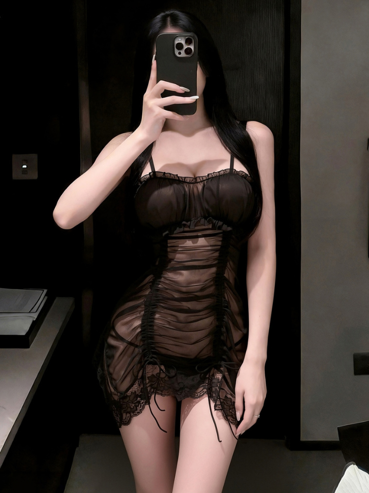 Ruched open back mini slip dress Black front mirror view