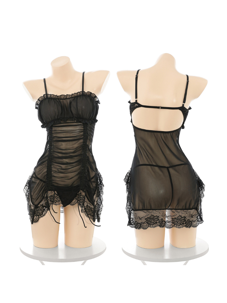 Ruched open back mini slip dress Black front and rear mannequin views