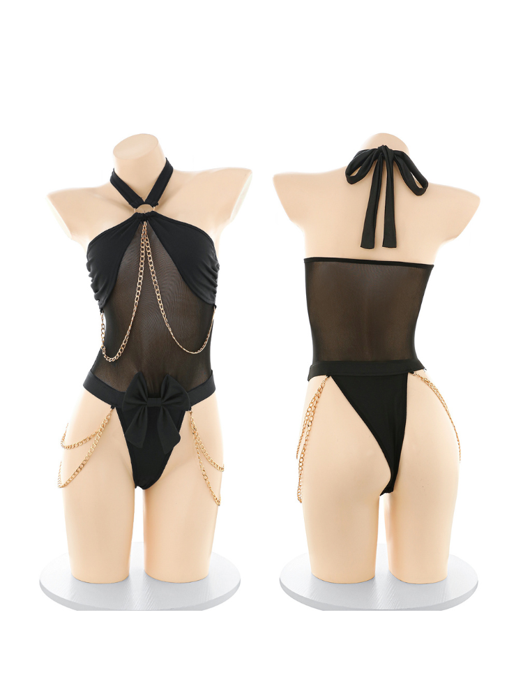 Black chain detail halter sheer bodysuit lingerie set front and rear mannequin views