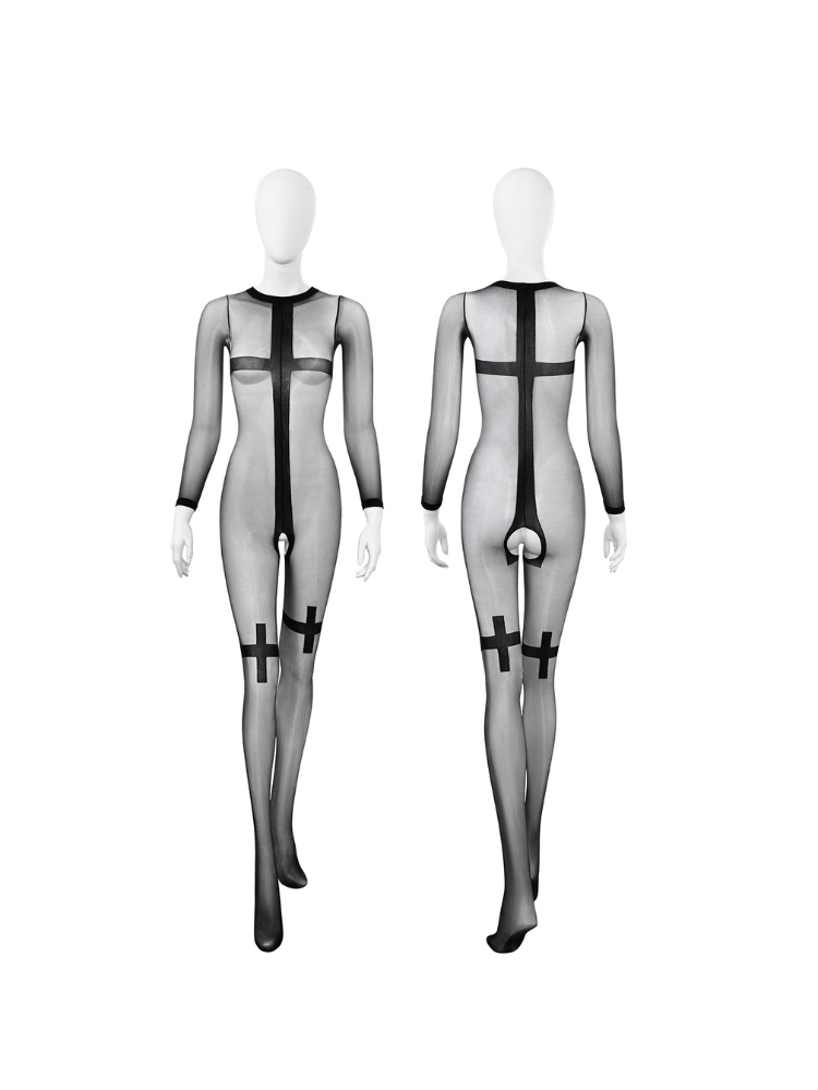 Black cross motif long sleeve sheer bodystocking front and rear mannequin views