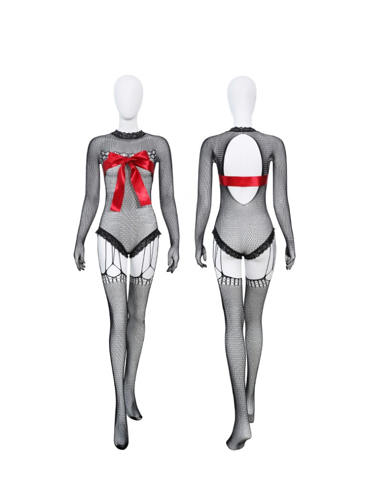 Black open back long sleeve bow detail bodystocking front and rear mannequin views