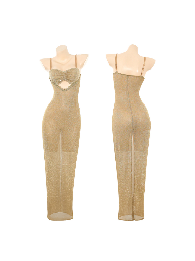Gold shimmer cutout strappy maxi lingerie dress front and rear mannequin views