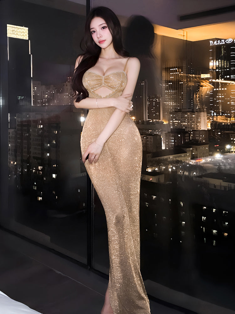 Gold shimmer cutout strappy maxi lingerie dress standing front view