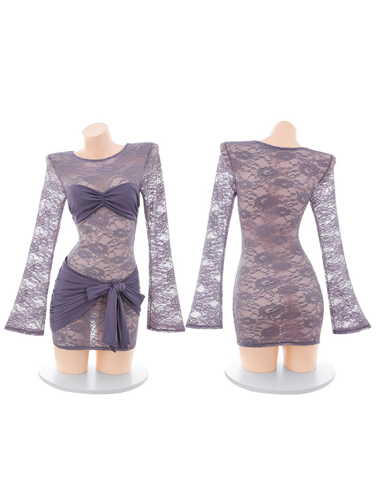 Purple ruched bust side tie long sleeve mini nightdress front and rear mannequin views